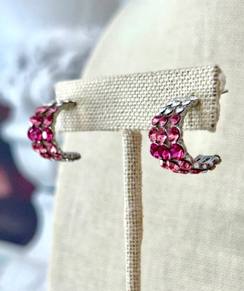 Three Row Swarovski Earrings - Pink