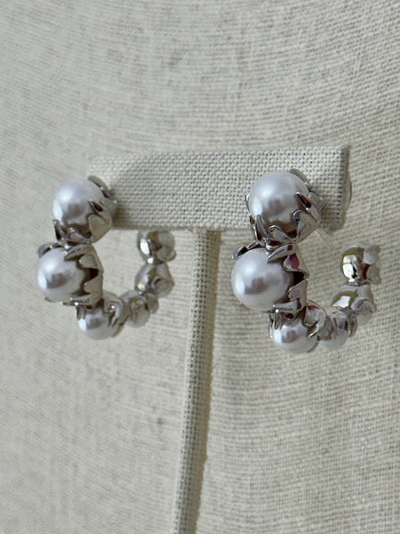 Porclean Beauty Pearl Hoop Earrings - Silver
