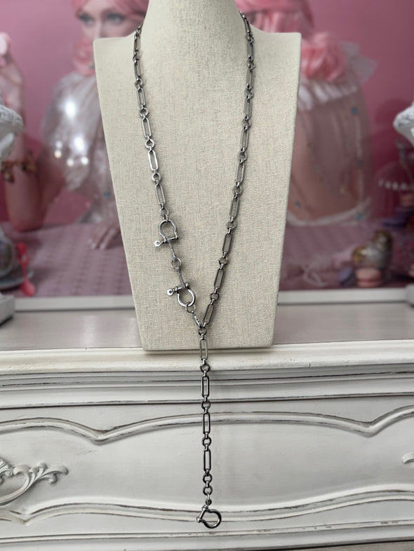 Horsebit Belt, Lariat, Short Necklace - Rhodium Silver