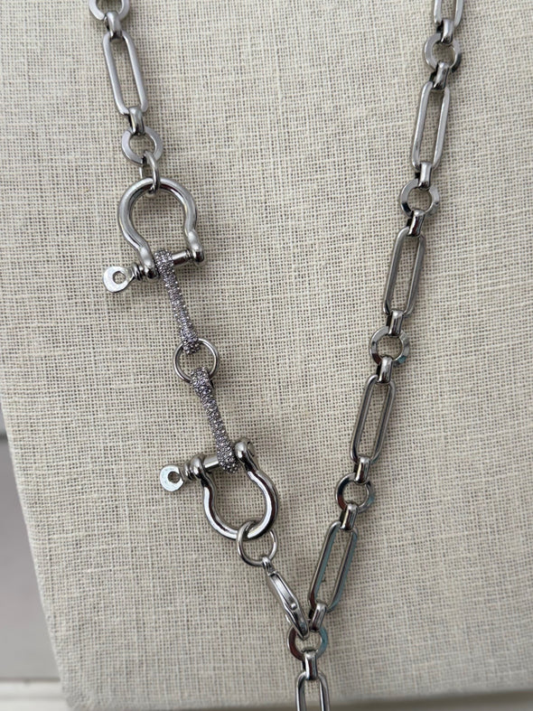 Horsebit Belt, Lariat, Short Necklace - Rhodium Silver