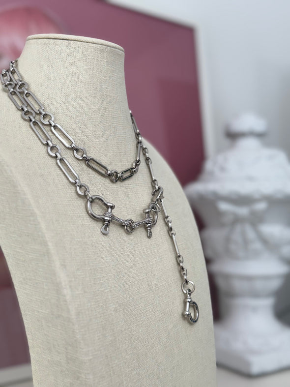 Horsebit Belt, Lariat, Short Necklace - Rhodium Silver