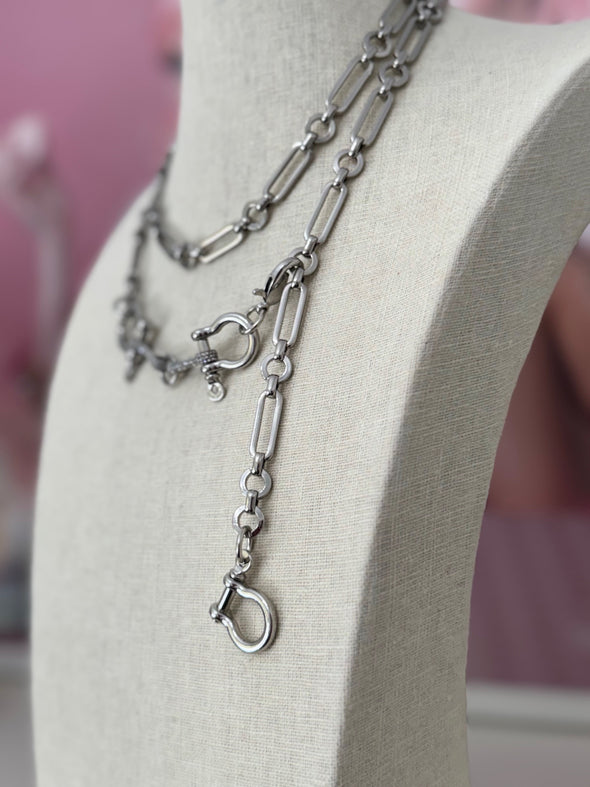 Horsebit Belt, Lariat, Short Necklace - Rhodium Silver