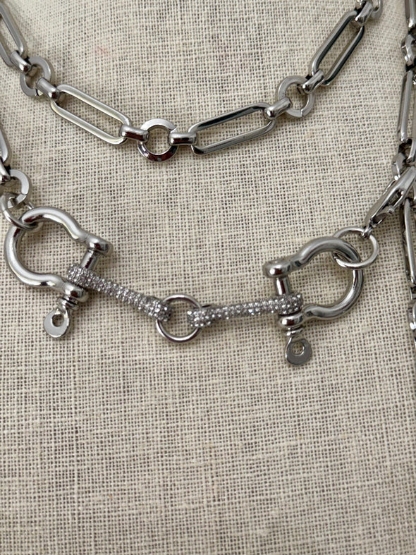 Horsebit Belt, Lariat, Short Necklace - Rhodium Silver