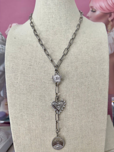 Verona Lariat Necklace - Silver with North Star, Evil Eye, and Spiked Heart charms on adjustable silver chain