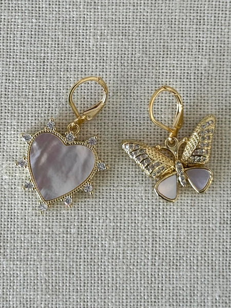 Spike Heart and Butterfly Pearl Earrings