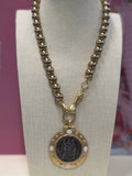Three Graces Coin necklace with taupe mother of pearl beads and 18k Palladium pendant on 19-inch strand