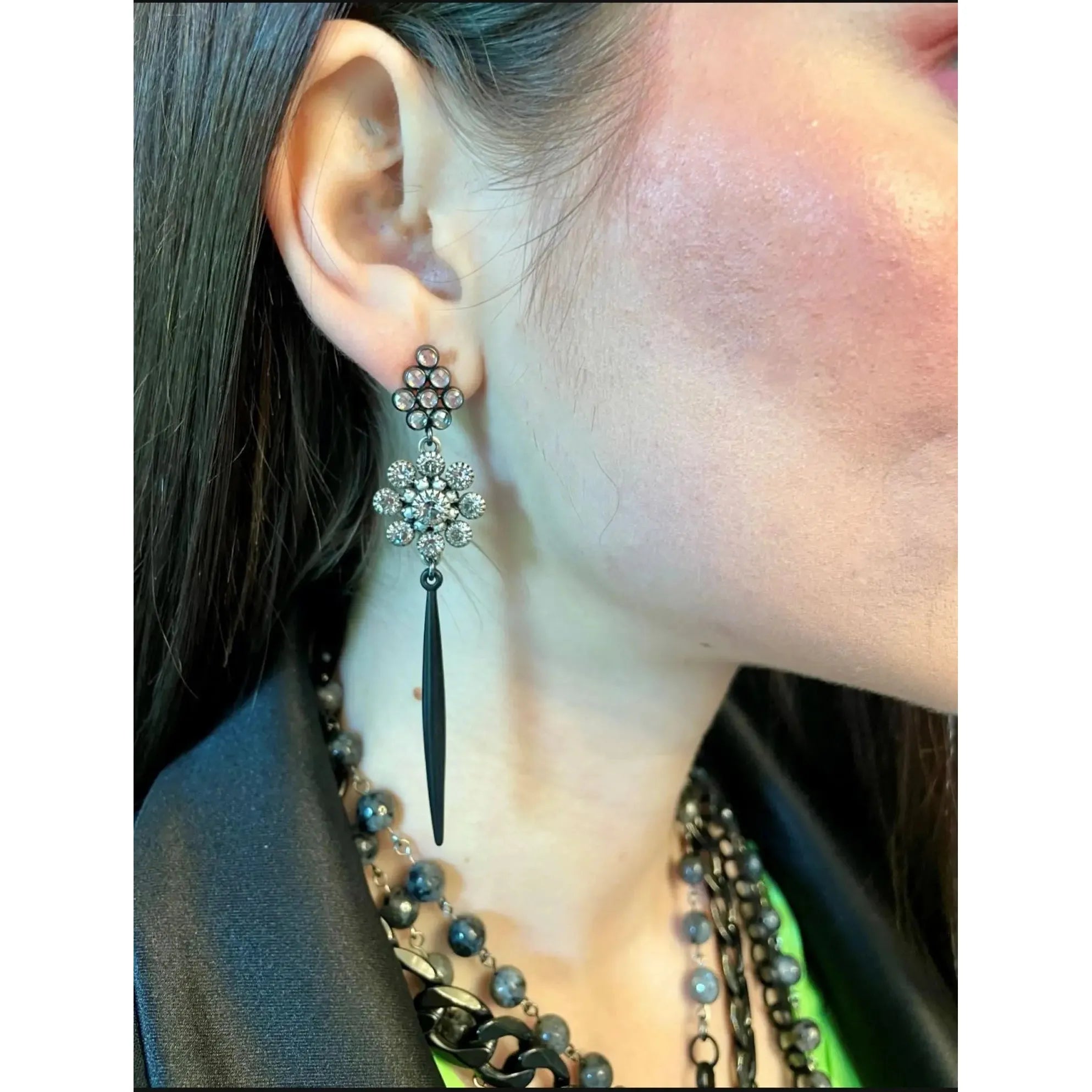 Daisy Spike Swarovski Crystal Earrings - Black - Image #2